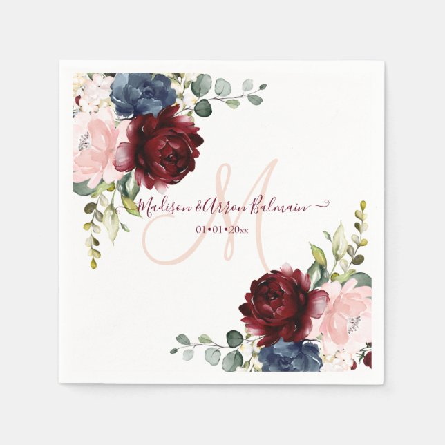 Serviette En Papier Aquarelle florale bleu Bourgogne (Devant)