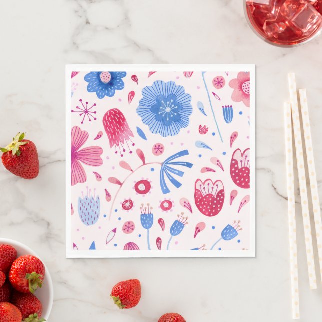 Serviette En Papier Aquarelle florale bleu rose (En situation)