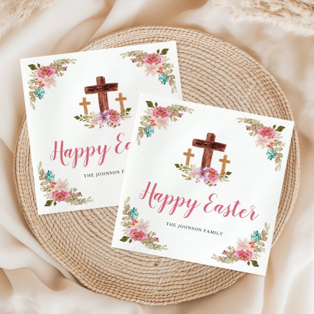 Serviette En Papier Aquarelle florale Croix religieuse Joyeux Pâques (Floral Watercolor Religious Cross Happy Easter Napkins)