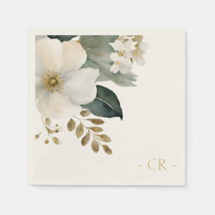 Serviette En Papier Aquarelle florale Initiales de feuillage Écru natu