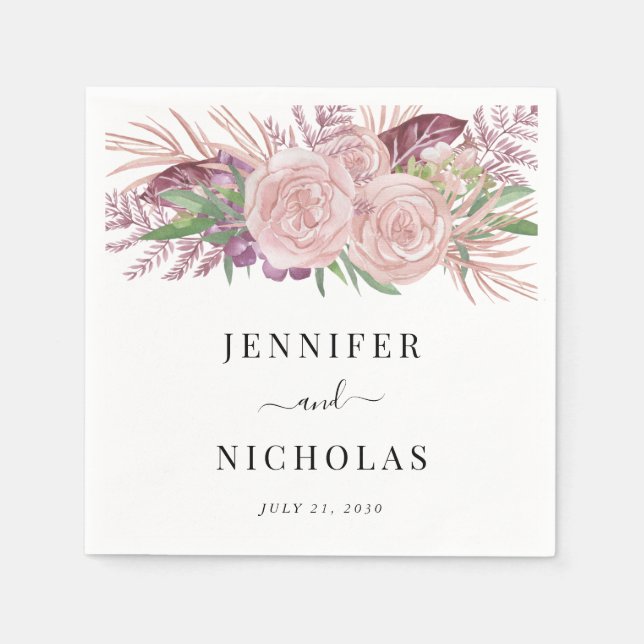Serviette En Papier Aquarelle Florale Mariage rose pâle (Devant)