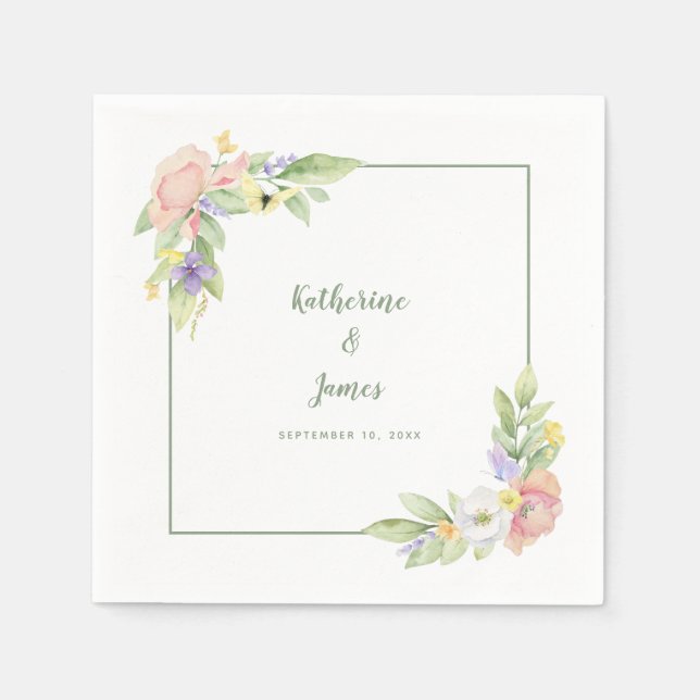 Serviette En Papier Aquarelle Florale Papillons Mariage et Fiançailles (Devant)