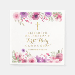 Serviette En Papier Aquarelle Florale Première sainte communion