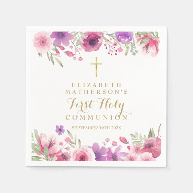 Serviette En Papier Aquarelle Florale Première sainte communion (Devant)