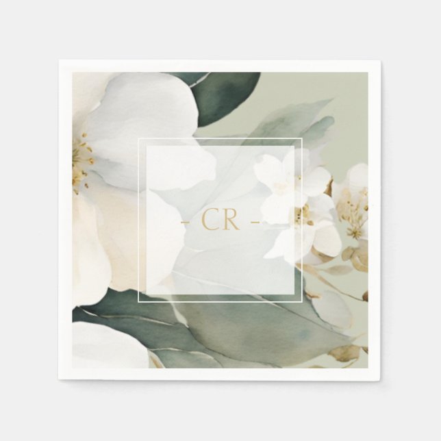 Serviette En Papier Aquarelle florale Revêtement et initiales (Devant)