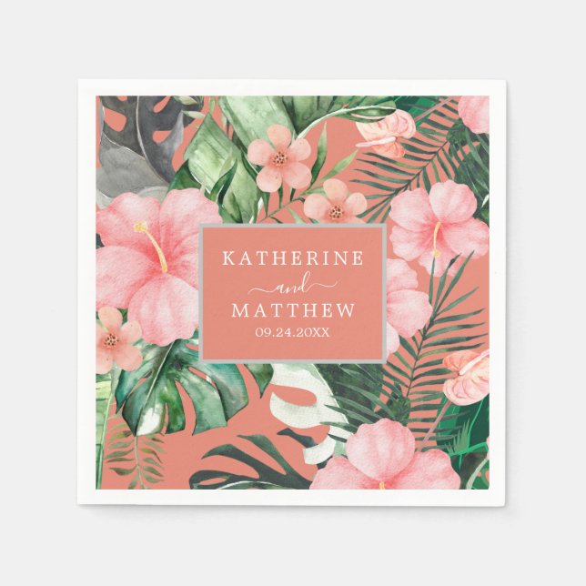 Serviette En Papier Aquarelle florale tendance Mariage vert tropical (Devant)