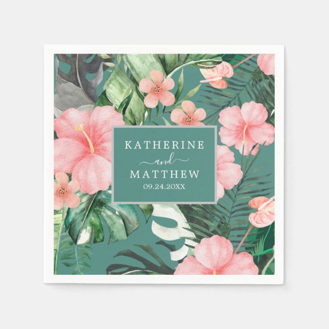 Serviette En Papier Aquarelle florale tendance Mariage vert tropical (Devant)