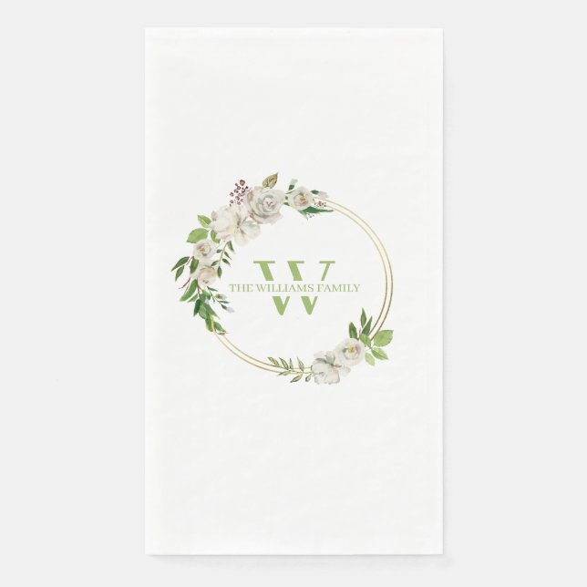 Serviette En Papier Aquarelle Florale Verdure Wreath Monogramme (Devant)