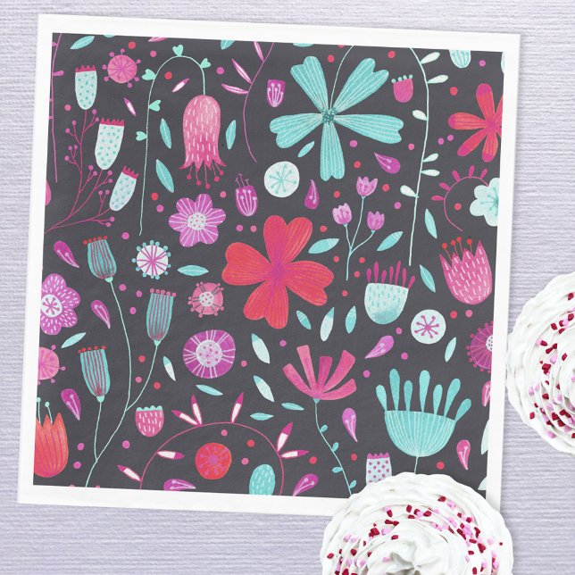 Serviette En Papier Aquarelle Flower Meadow foncé (Modern dark floral watercolor paper napkins)