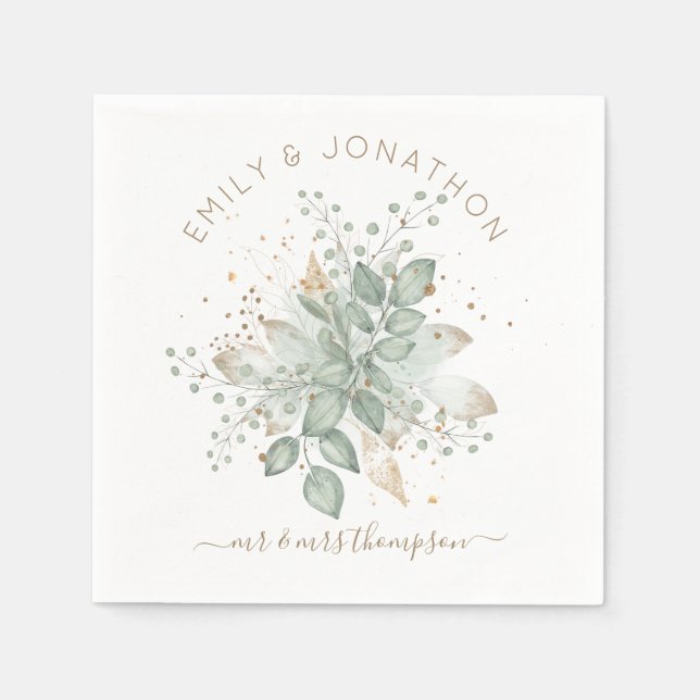 Serviette En Papier Aquarelle Foliage Sage Gold Couples Nom (Devant)