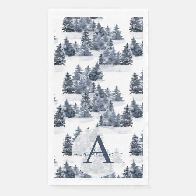 Serviette En Papier Aquarelle forêt d'hiver monogramme de Noël (Devant)