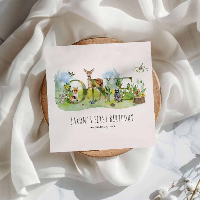 Serviette En Papier Aquarelle Forêt forestière Animaux 1er anniversair (Créateur téléchargé)