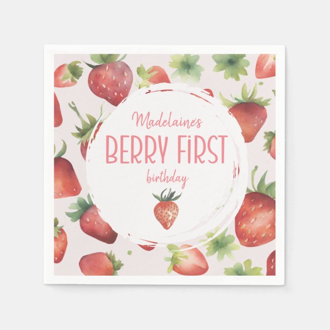 Serviette En Papier Aquarelle fraise 1er Berry Premier anniversaire (Devant)