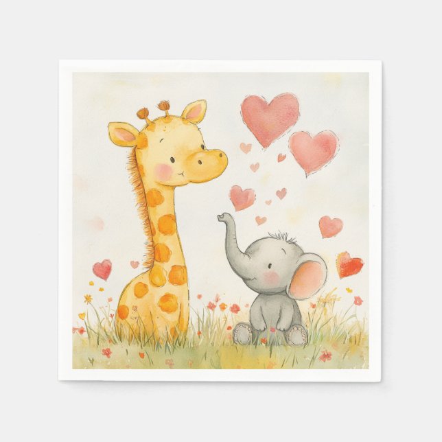 Serviette En Papier Aquarelle Giraffe et Eléphant (Devant)