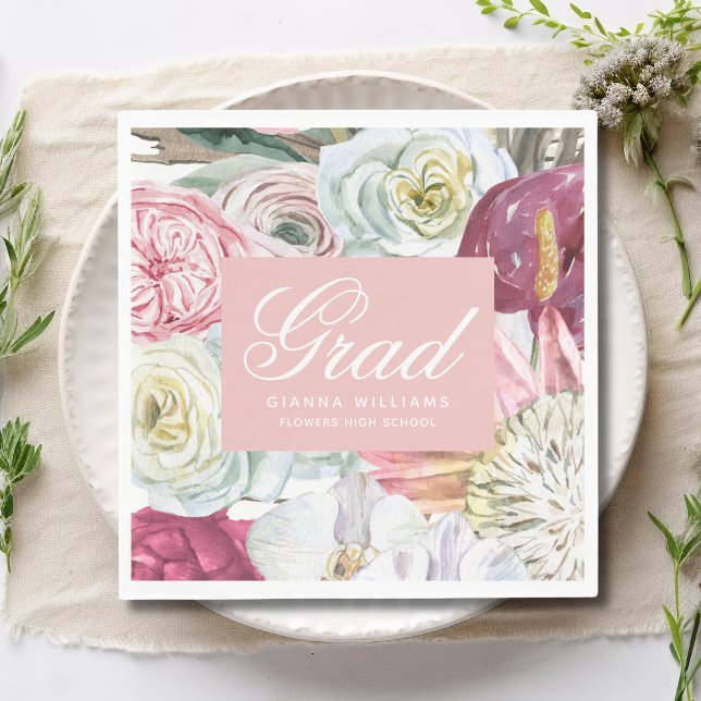 Serviette En Papier Aquarelle Grad Floral Élégant Graduation Moderne (Créateur téléchargé)