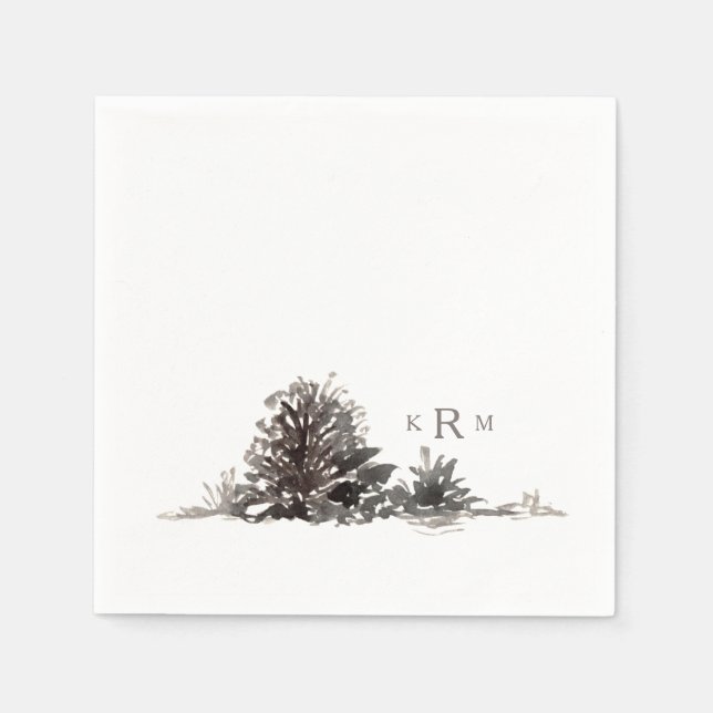 Serviette En Papier Aquarelle gris doux Pine Cône Monogramme Cocktail (Devant)