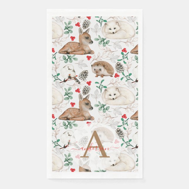 Serviette En Papier Aquarelle Hiver Bois Monogramme Noël (Devant)