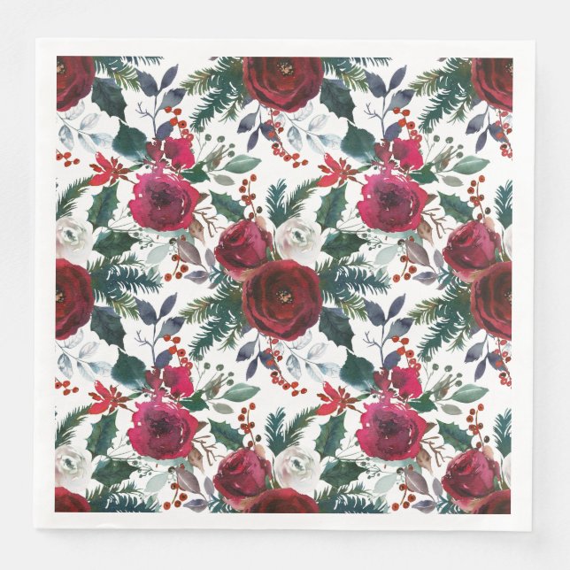 Serviette En Papier Aquarelle hiver Bourgogne Fleurs Noël (Devant)