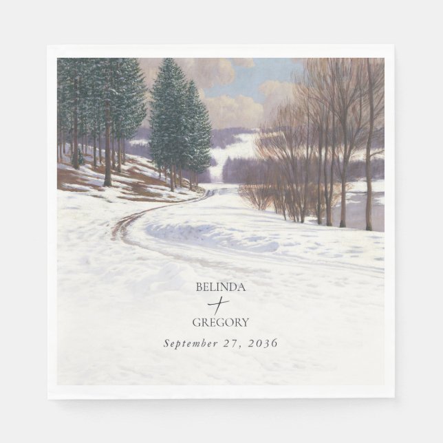 Serviette En Papier Aquarelle Hiver Mariage paysage neige (Devant)