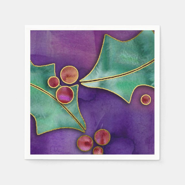 Serviette En Papier Aquarelle Holly Berries Or violet rouge vert (Devant)