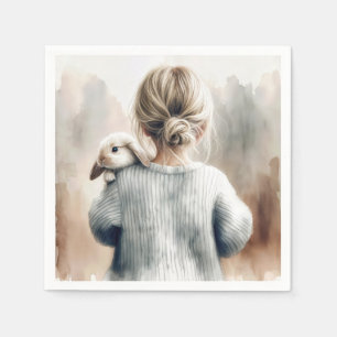 Serviette En Papier Aquarelle Jeune fille avec lapin animal