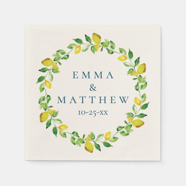 Serviette En Papier Aquarelle Lemon Méditerranéen Wreath Logo Mariage (Devant)