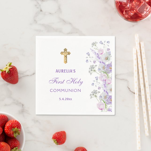 Serviette En Papier Aquarelle Lilac Fleurs Première communion (En situation)