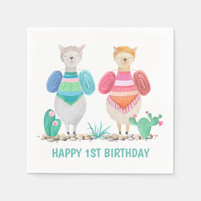 Serviette En Papier Aquarelle Llama et Cactus Personnalisée (Devant)
