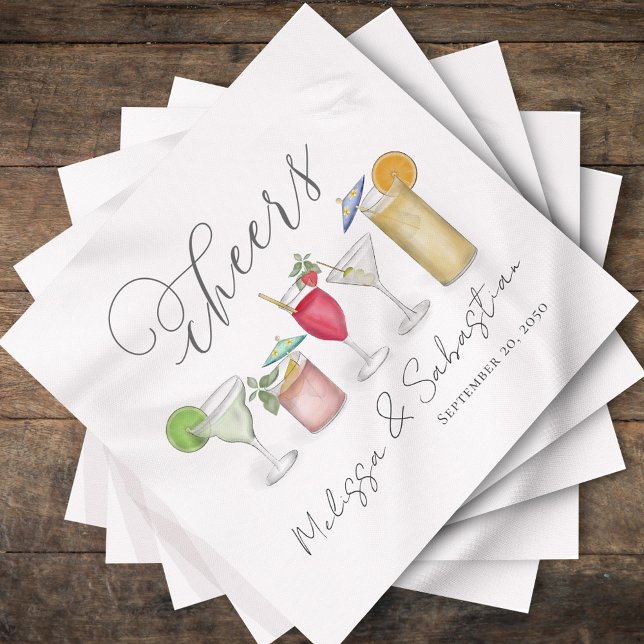 Serviette En Papier Aquarelle Mariage cocktails Personnalisés (Cheers, cute wedding cocktail napkin with cocktails artwork. )
