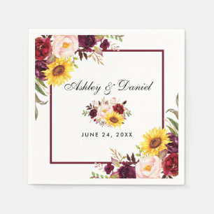 Serviette En Papier Aquarelle mariage Floral Bourgogne Cadre