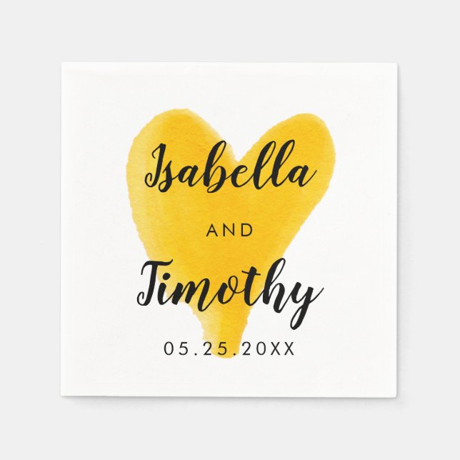 Serviette En Papier Aquarelle Mariage Lettrage main Coeur jaune (Devant)