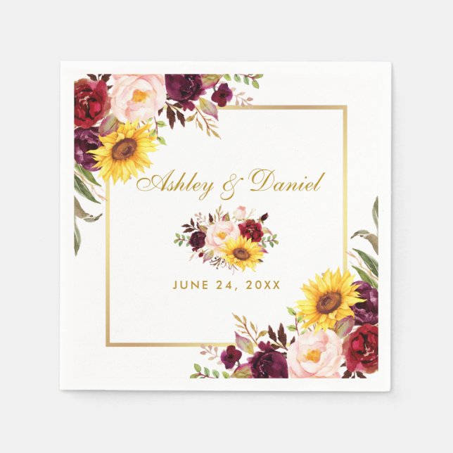 Serviette En Papier Aquarelle mariage or floral (Devant)