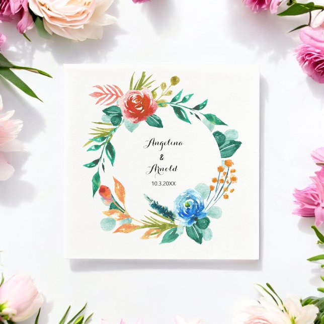 Serviette En Papier Aquarelle Mariage Rouge Vert Floral Papier Napkin (Créateur téléchargé)