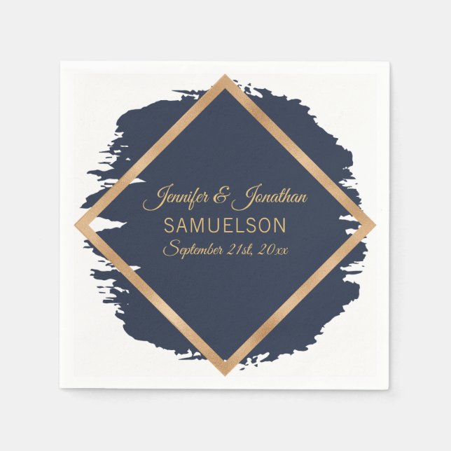 Serviette En Papier Aquarelle Marine Mariage cadre bleu or (Devant)
