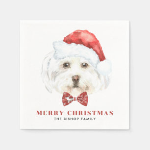 Serviette En Papier Aquarelle mignonne Chien maltais Père Noël Noël