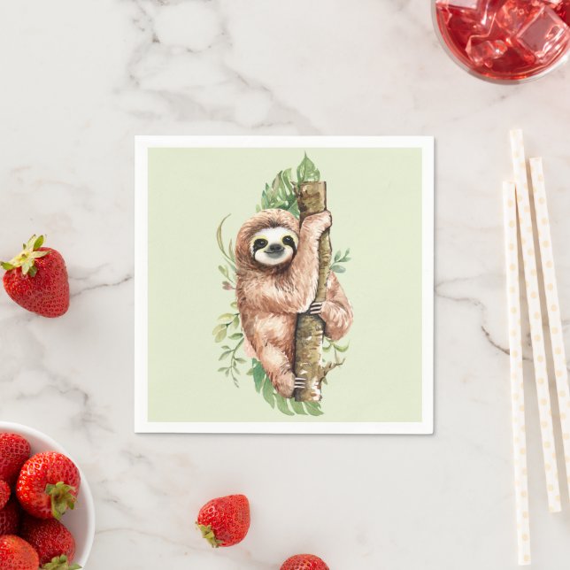 Serviette En Papier Aquarelle mignonne Sloth & Feuilles tropicaux (En situation)