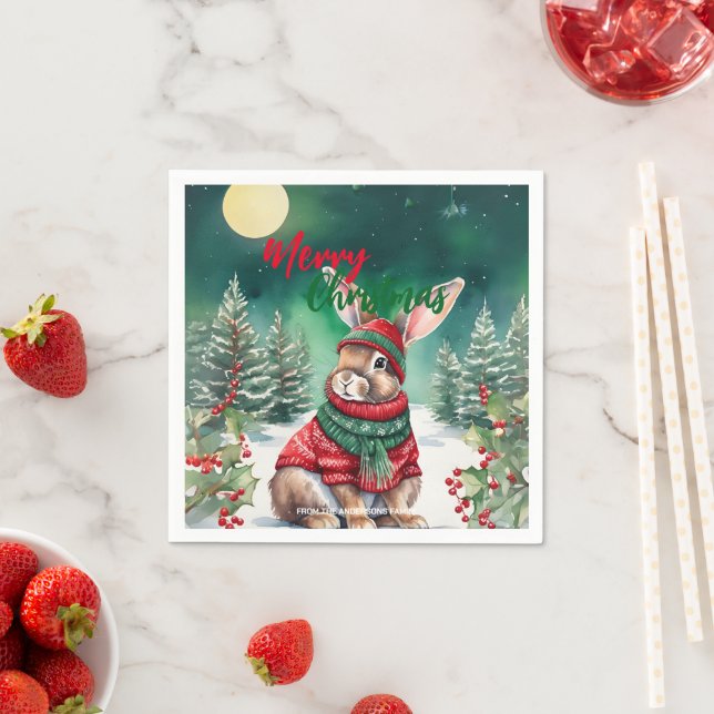 Serviette En Papier Aquarelle moderne lapin lapin de Noël Neige (En situation)