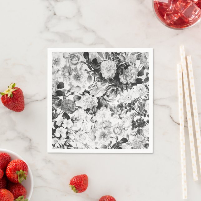 Serviette En Papier Aquarelle moderne noir blanc pays floral (En situation)