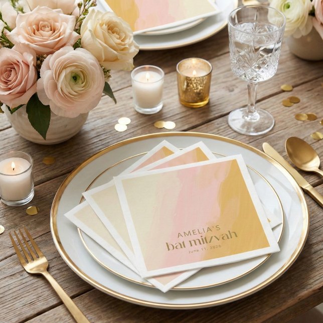 Serviette En Papier Aquarelle moderne rose jaune Bat mitzvah personnal (Créateur téléchargé)