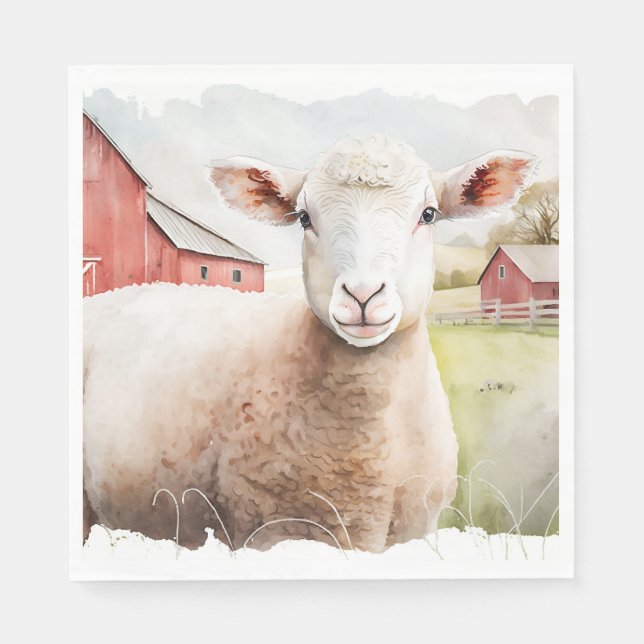 Serviette En Papier Aquarelle Mouton Avec Grange Rouge (Devant)