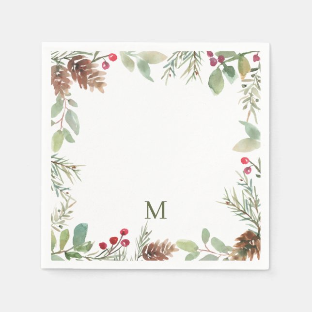Serviette En Papier Aquarelle Noël Verdure Monogramme (Devant)