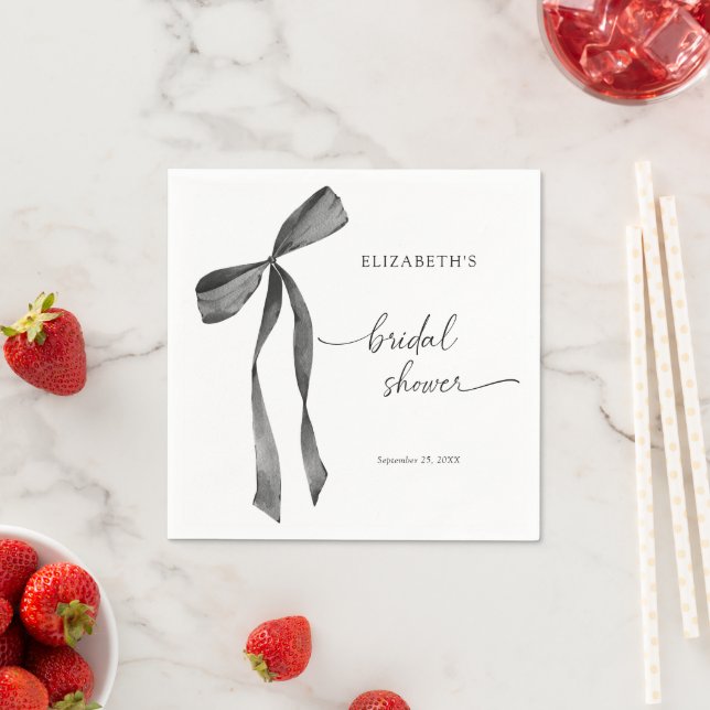 Serviette En Papier Aquarelle Noir Coquette Nœud Mariage (En situation)