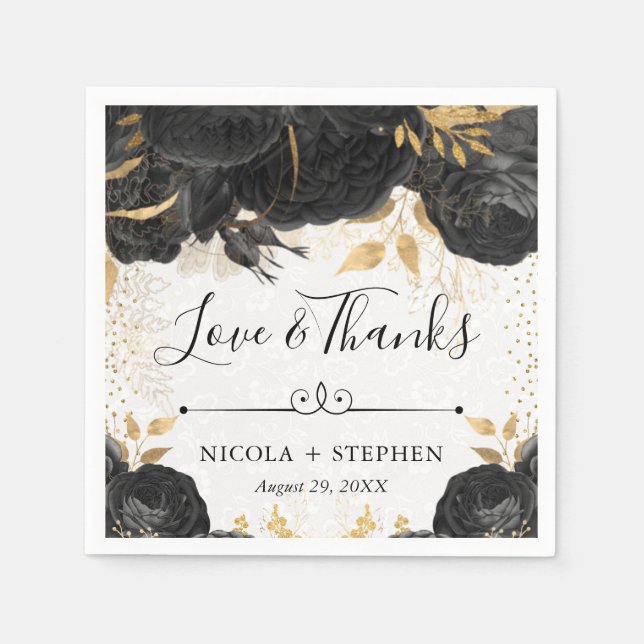 Serviette En Papier Aquarelle noir et or Fleurs Mariage (Devant)