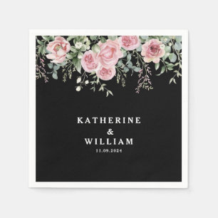 Serviette En Papier Aquarelle noir et rose mariage floral