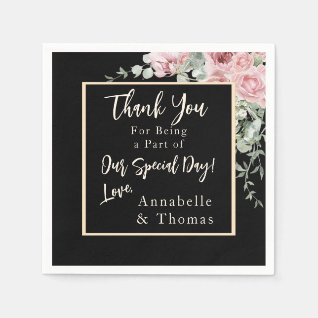 Serviette En Papier Aquarelle noire rose Mariage (Devant)