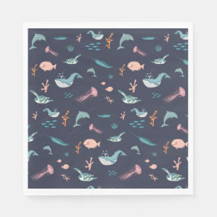 Serviette En Papier Aquarelle Océan Sea Animaux Motif bleu