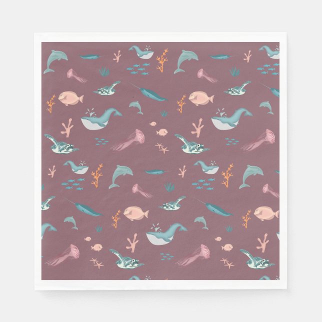 Serviette En Papier Aquarelle Océan Sea Animaux Motif rose pâle (Devant)
