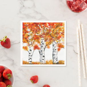 Serviette En Papier Aquarelle Oiseaux Arbres Automne Orange Feuille
