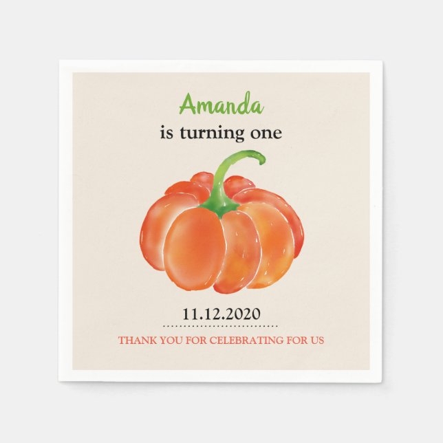 Serviette En Papier Aquarelle orange vive Citrouille premier anniversa (Devant)