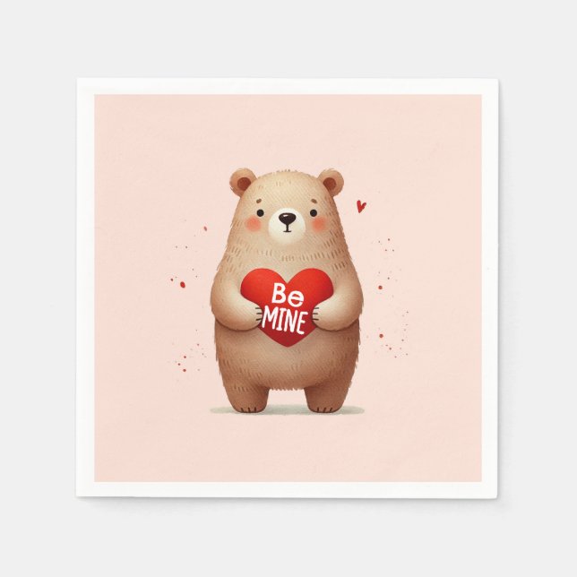 Serviette En Papier Aquarelle Ours Coeur rouge xoxo Saint Valentin (Devant)